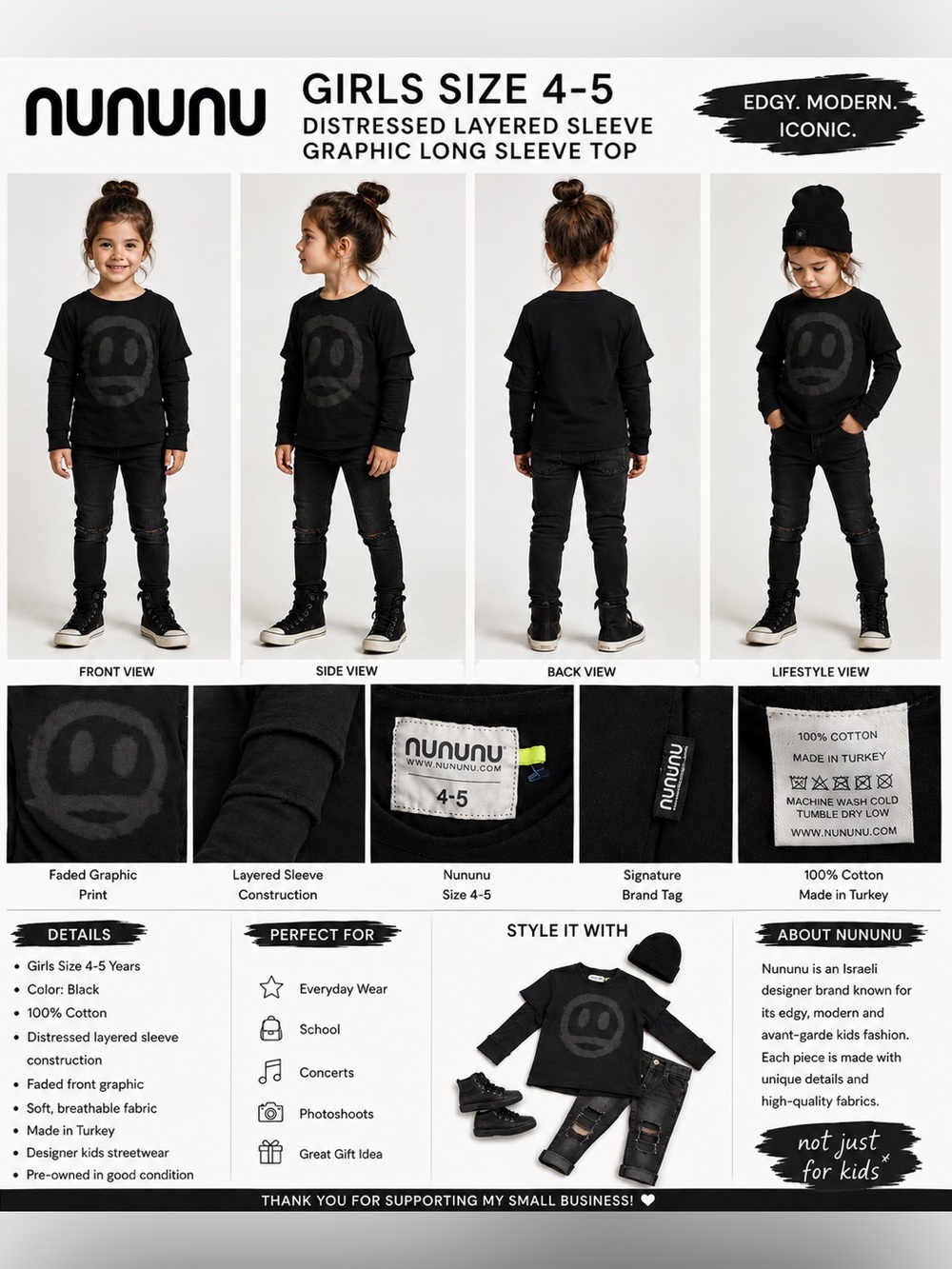 Nununu Girls Size 4-5 Black Distressed Layered Sleeve Graphic Long Sleeve Shirt
